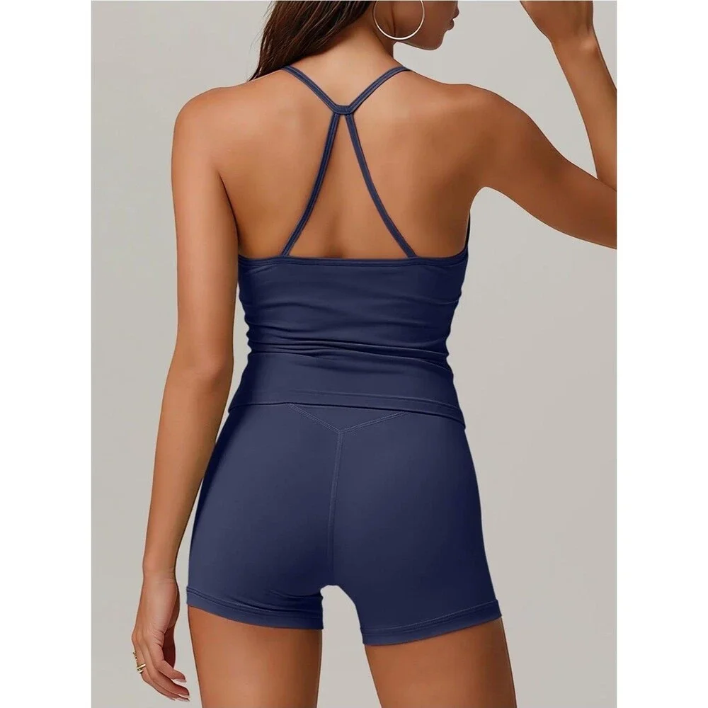 Women Workout Set Built in Bra 2 Pc Outfits Tank Tops Tummy Control Short B23